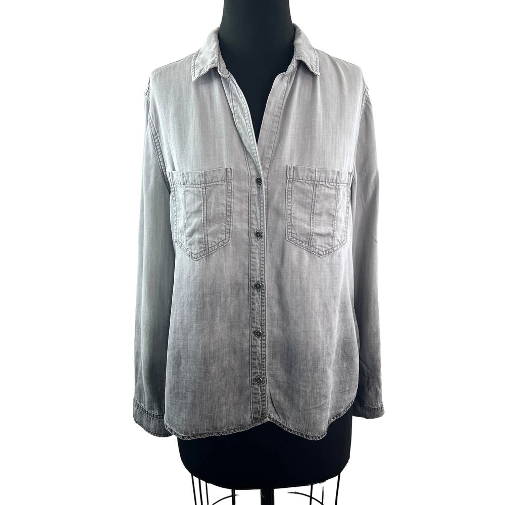 BELLA DAHL Heather Gray Top Denim Collar Roll Tab Sleeve Button-Up Size M Medium